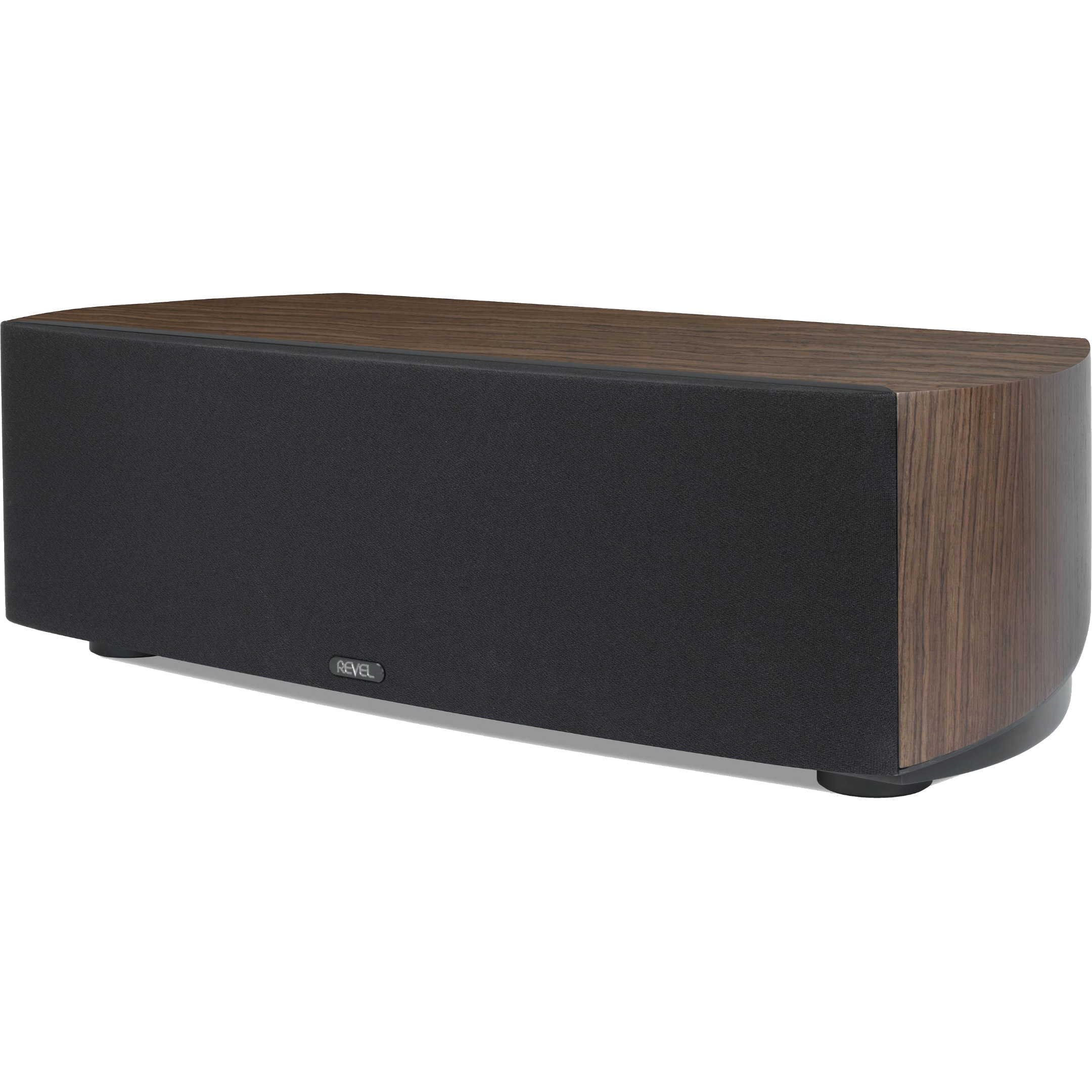 Revel Performa4 C245 walnut Front angle grill on Revel Performa4 C245 - Walnut with Grill Attached