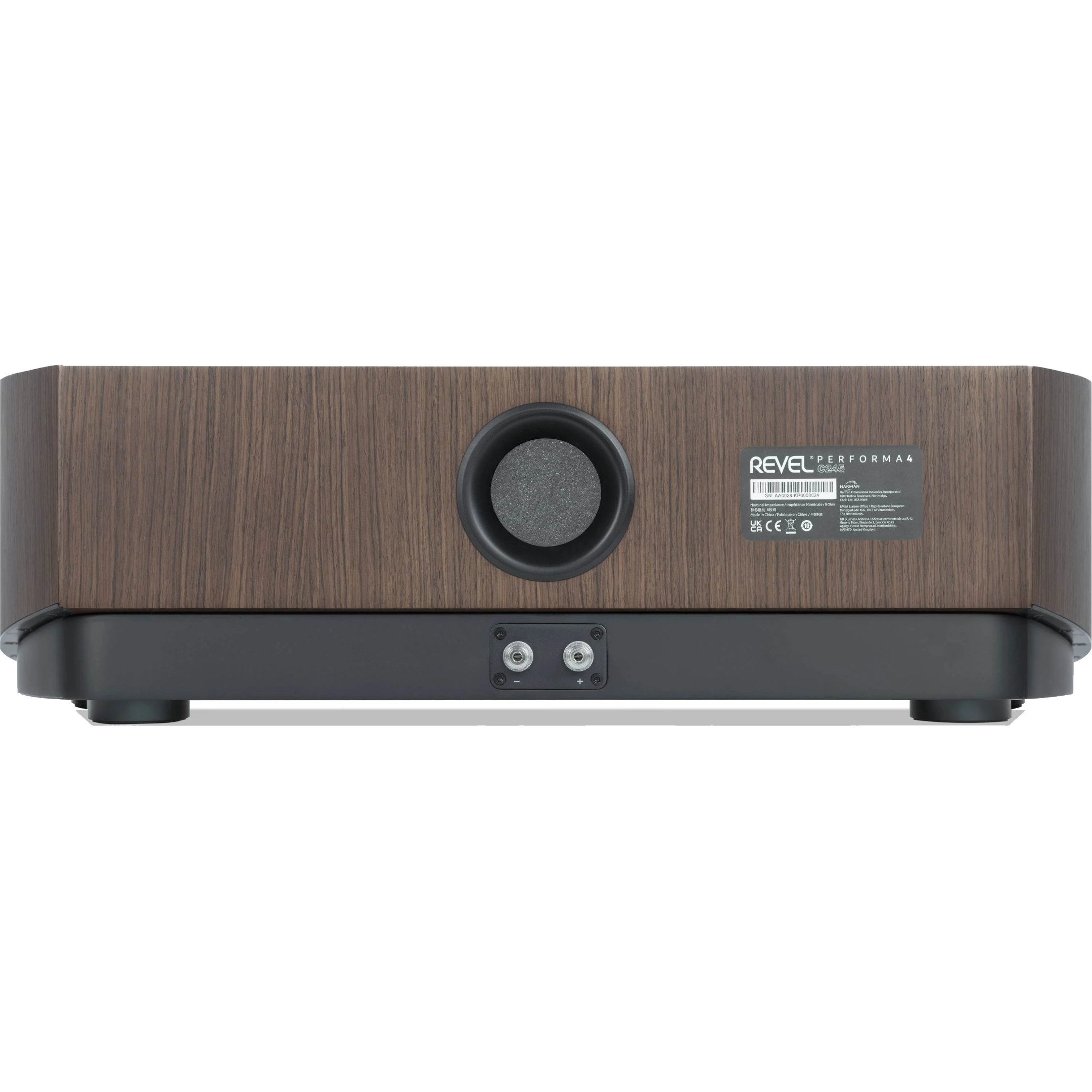 Revel Performa4 C245 walnut rear with port plug in Revel Performa4 C245 - Walnut with Plug Inserted